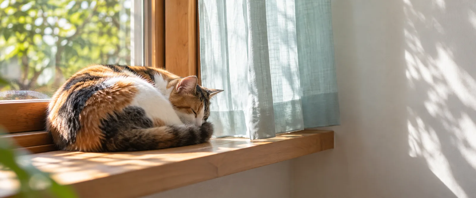 朝の柔らかい日差し、木の窓辺で背中を丸める三毛猫、奥に薄い青緑のカーテン、日常写真(編集用イメージ)